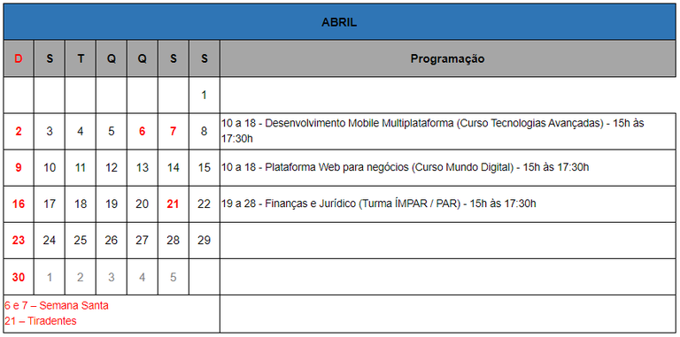 Calendário-Abril Calendário-Abril
