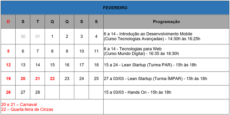 Programação Fevereiro Programação Fevereiro