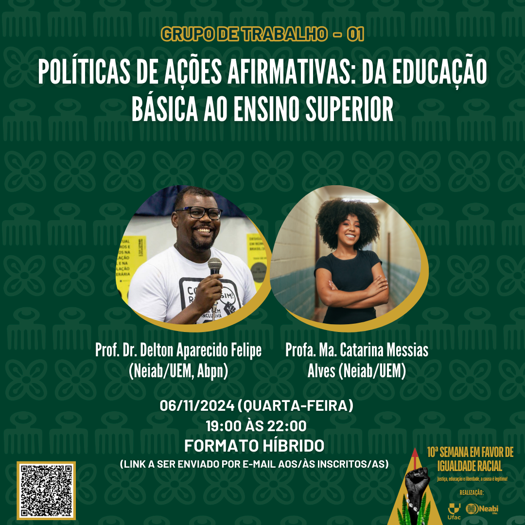 Grupo de Trabalho 1: Políticas de Ações Afirmativas: da Educação Básica ao Ensino Superior, organizada pelo Prof. Dr. Delton Aparecido Felipe (Neiab/UEM, Abpn) e Profa. Ma. Catarina Messias Alves (Neiab/UEM)